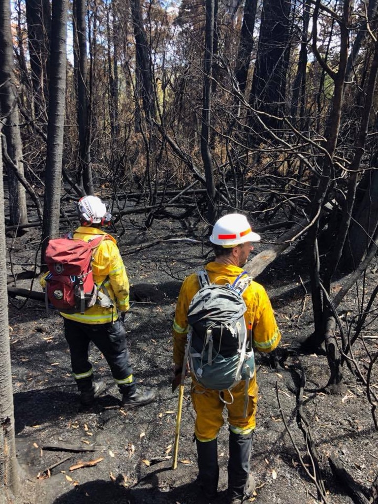 Rural Fire Service NSW members helping to battle the Gell River fire in the Tasmanian South West. Picture: NSW RFS