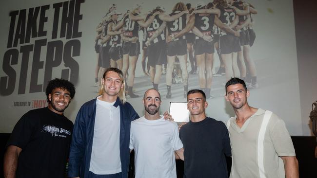 Isaac Quaynor, Darcy Moore, Steele Sidebottom, Nick Daicos and Scott Pendlebury at the doco premiere. Picture: Jason Edwards