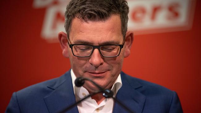 Four more years ... Daniel Andrews celebrates his Victorian election victory with Labor party faithful in Mulgrave. Picture: Jason Edwards