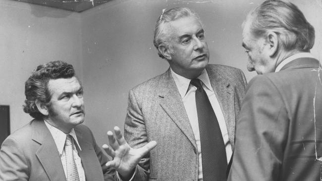 Former Labor PMs Bob Hawke and Gough Whitlam with Lionel Murphy in 1979.