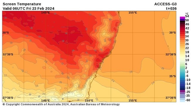 The predicted temperature for NSW at 5pm on Friday. Picture: BOM