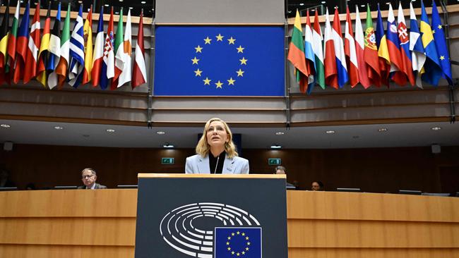 Cate Blanchett during her Brussels speech. Picture: AFP