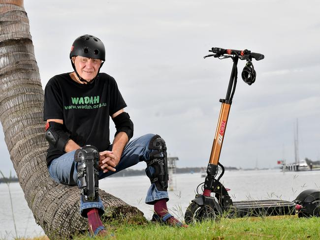 Gold Coaster Peter Steele, 87, is on a mission to raise funds for Wildlife and Domestic Animal Habitat by riding an e-scooter the equivalent distance of "around the world". Friday April 7, 2023. Picture, John Gass