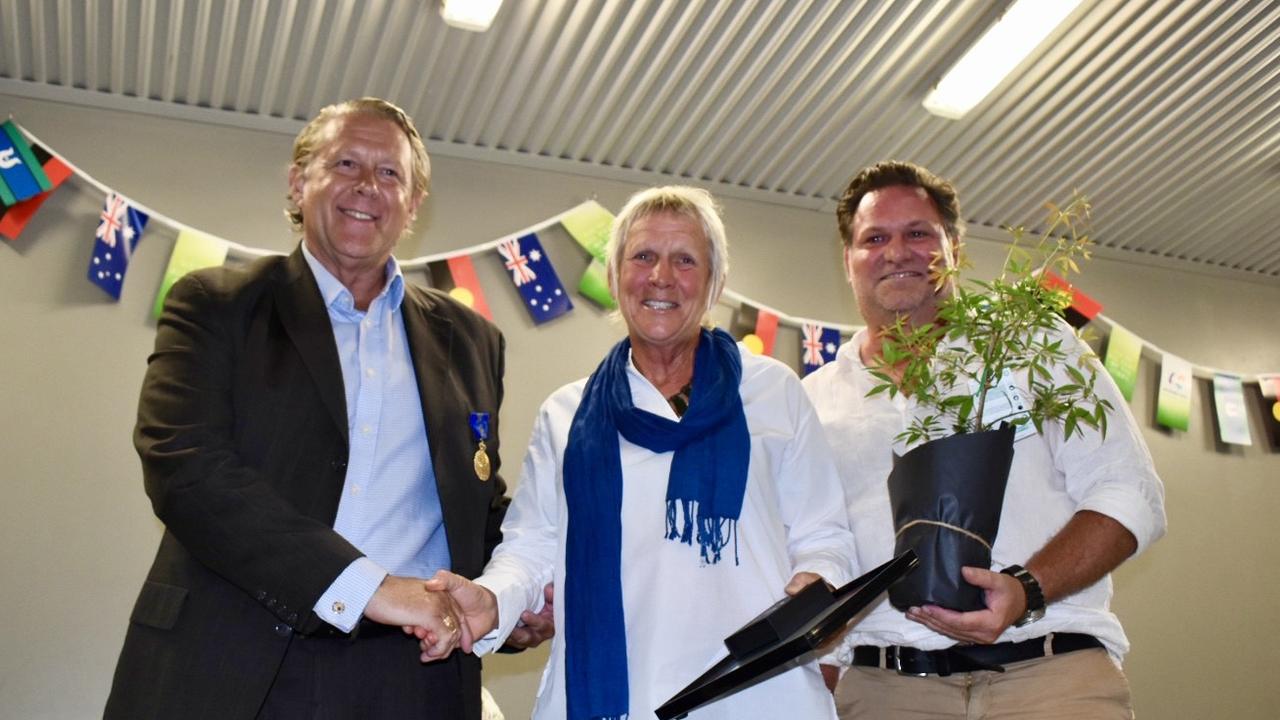 Deathwalker, marriage celebrant, feminist, queer and community activist Zenith Virago was awarded Byron Shire Citizen of the Year 2021. Young Arakwal woman Nickolla Clarke was named the Byron Shire's Creative Artist of the Year. She received her award from Australian Day Ambassador Brad Farmer (left) and Byron Shire mayor Simon Richardson (right).