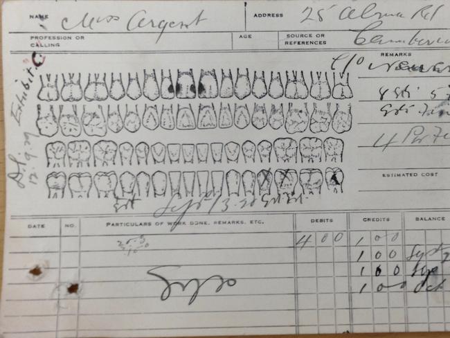 Dental records of Irene Argent, 18, who died of a botched abortion in 1929.