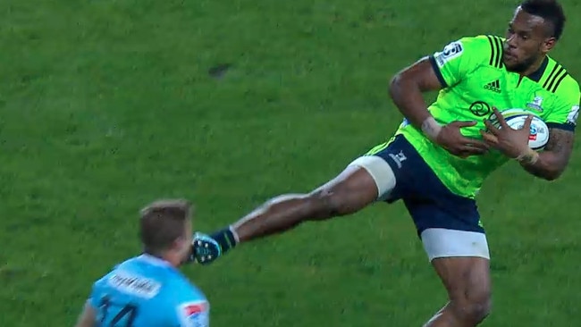 Screen grab of the Highlanders' Tevita Nabura who was sent off for this kick on the Waratahs' Cam Clark