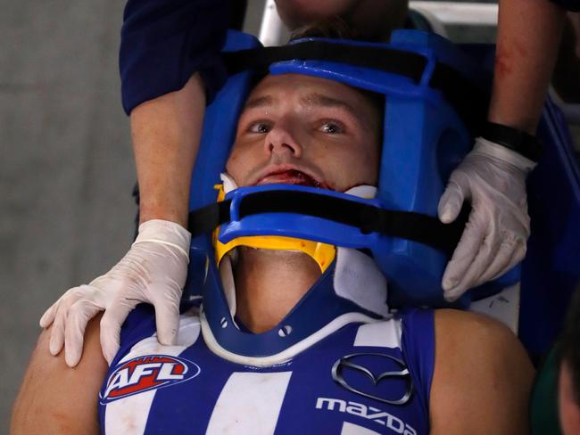 Higgins was knocked out after Burton’s heavy bump. Picture: Getty Images