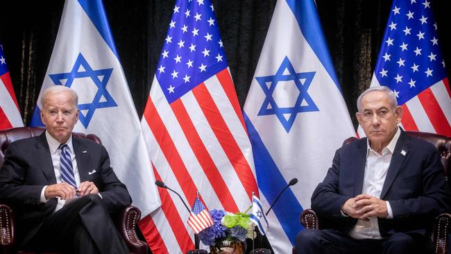 US President Joe Biden sits with Israeli Prime Minister Benjamin Netanyahu.