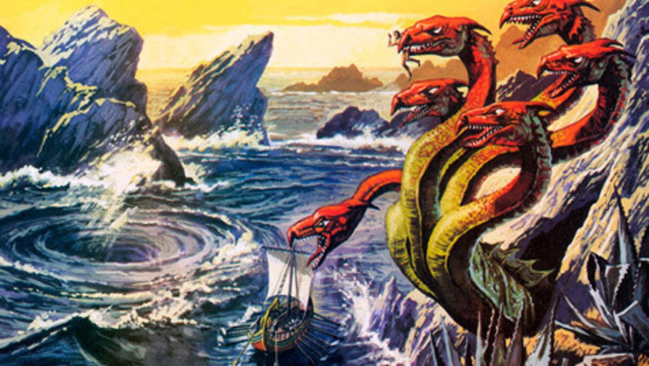 Scylla and Charybdis try to send a boatload of sailors to their deaths.