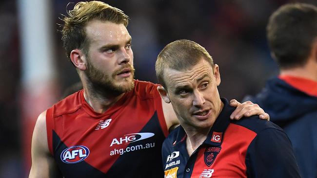 Jack Watts with Melbourne coach Simon Goodwin. Picture: AAP Images