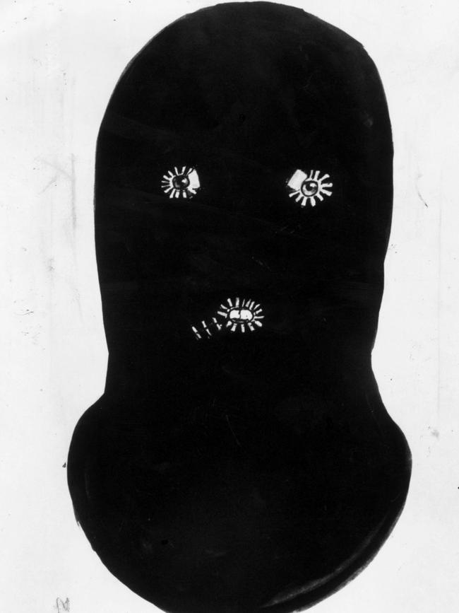 A police sketch of the dark green balaclava used by the kidnapper of Nicola Lynas. Picture: Supplied