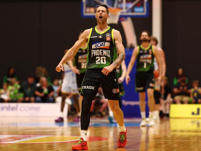 GIPPSLAND, AUSTRALIA - JANUARY 11: Nathan Sobey of the Phoenix celebrates during the round 16 NBL match between South East Melbourne Phoenix and Brisbane Bullets at Gippsland Regional Indoor Sports Stadium, on January 11, 2025, in Gippsland, Australia. (Photo by Mike Owen/Getty Images)