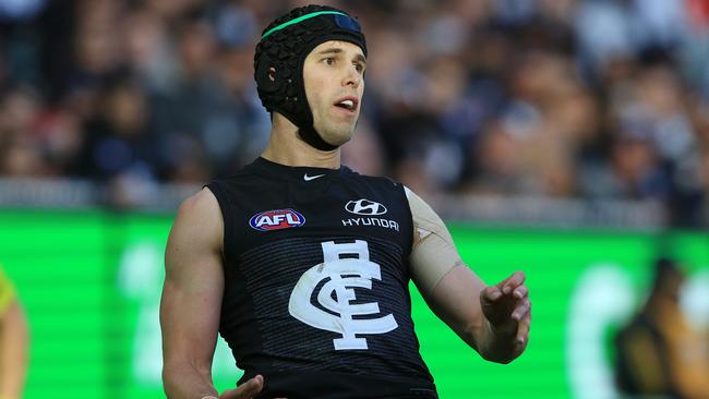 Marc Murphy in action during Sunday’s clash against Essendon. Picture: Wayne Ludbey