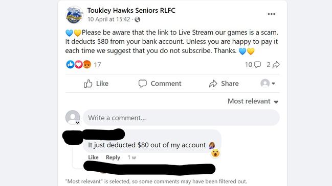 Toukley has warned it social media followers about the scam. Photo: Toukley Hawks Senior RLFC – Facebook