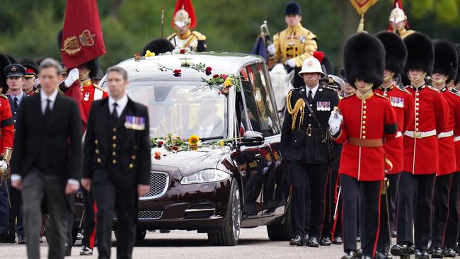 The ceremonial procession of the coffin of Queen Elizabeth II arrives at Windsor Castle for the committal service at St George's Chapel. Picture: Getty Images