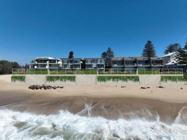 An artist's impression of the 90m-long, 6.5m tall seawall proposed for The Entrance North to protect properties from 1-13 Hutton Rd from further erosion. Picture: supplied