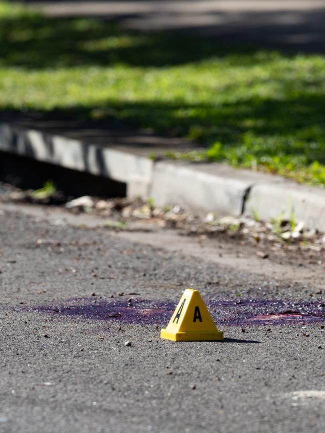 A pool of blood on the road at the scene. Picture: Julian Andrews