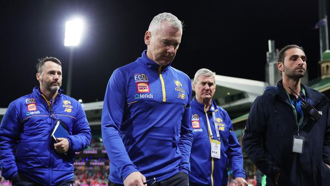 Eagles head coach Adam Simpson walks from the field after a 171-point loss to Sydney. Picture: Mark Metcalfe/AFL Photos/via Getty Images