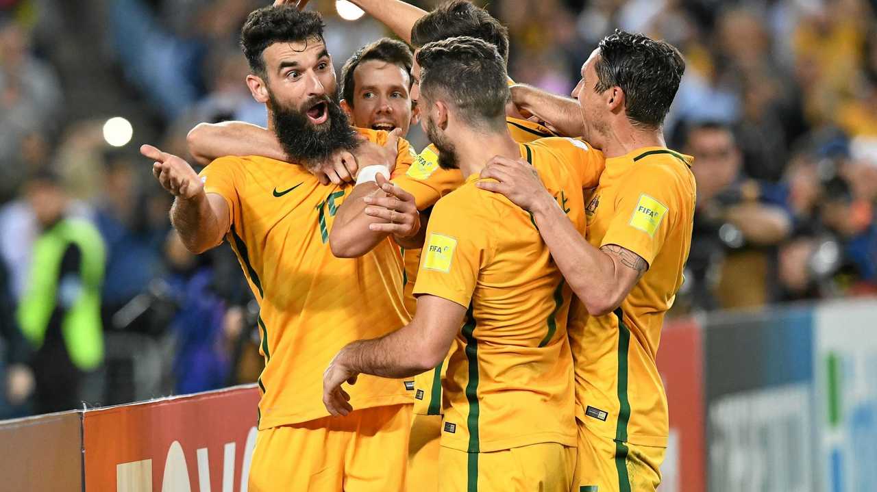 BIG NIGHT: Australia's Mile Jedinak (left), celebrates after scoring against Honduras. Willowburn Football Club will have Australia's match against France live on the big screen tonight. Picture: BRENDAN ESPOSITO