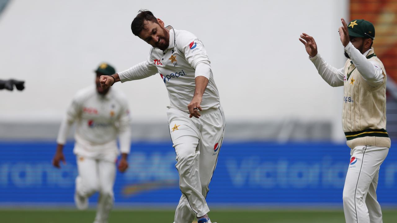 Picked as the lone spinner in Pakistan’s side, all-rounder Salman Ali Agha only bowled three overs but claimed the wicket of David Warner with the last ball before lunch. Picture: Michael Klein