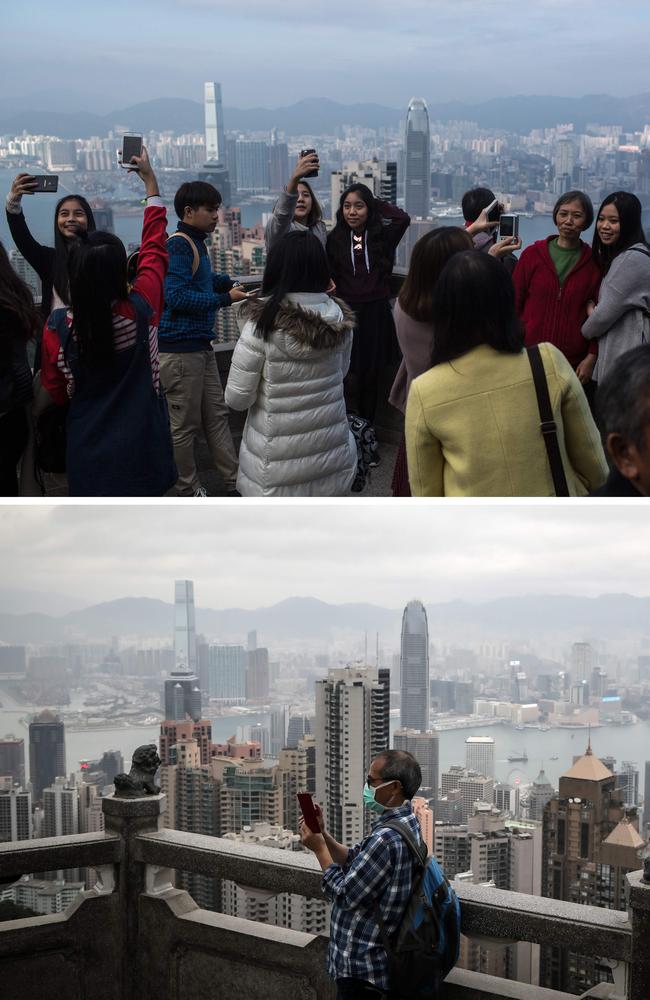 Tourists taking pictures at the Peak in Hong Kong on December 26, 2015 (top) and a man wearing a facemask as a precautionary measure against the spread of the COVID-19 novel coronavirus at the same location on March 7, 2020. Picture: AFP