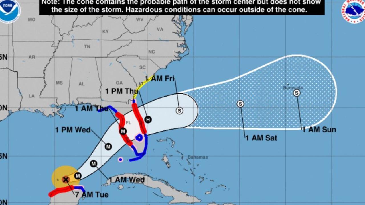 This map shows the expected path of Milton as it moves from The Gulf of Mexico and crosses Florida. Picture: NOAA