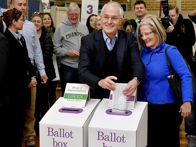 Prime Minister Malcolm Turnbull and wife Lucy cast their vote at Double Bay Primary School polling booth. Picture: Jason Edwards