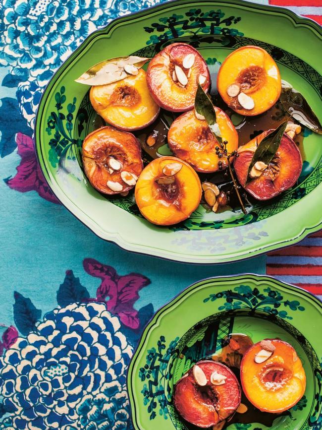 Roast peaches with bay and Grand Marnier cream. Photo: Robyn Lea