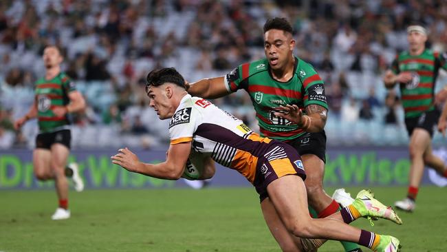 SYDNEY, AUSTRALIA – MAY 05: Herbie Farnworth of the Broncos scores a try during the round nine NRL match between the South Sydney Rabbitohs and the Brisbane Broncos at Accor Stadium, on May 05, 2022, in Sydney, Australia. (Photo by Cameron Spencer/Getty Images)