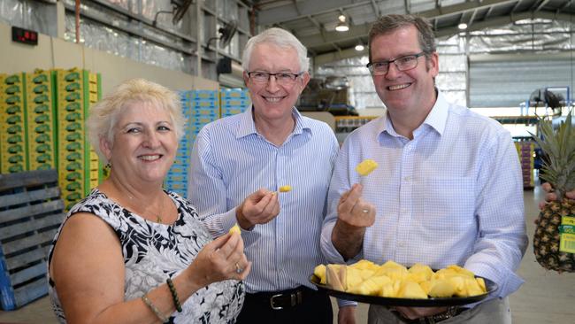 Member for Capricornia Michelle Landry, Derek Lightfoot from Tropical Pine and Minister for Regional Development John McVeigh at the Tropical Pines plant taken in 2018.