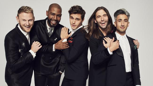 From left: Bobby Berk, Karamo Brown, Antoni Porowski, Jonathan Van Ness and Tan France. Gay superheroes, the lot of ‘em. Picture: Supplied/Netflix