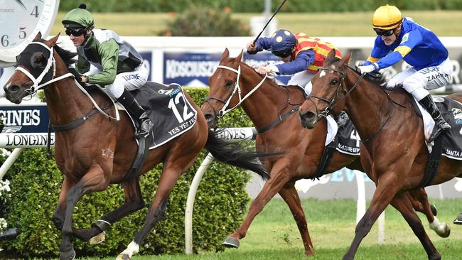 Santa Ana Lane (right) stormed home in The Everest and chases Group 1 glory at Flemington on Saturday. Pic: AFP