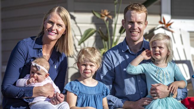 Stuart Southwell at his Narrabri home with his wife Brooke and children Georgia, 4, Jacqueline, 2, and Alexandra, 5 months. Picture: Josh Smith