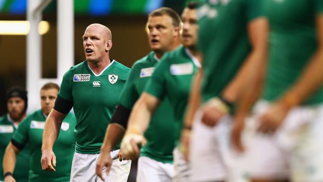 Ireland players look to the line.