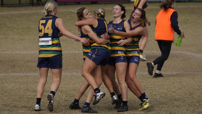 VAFA: Sarah Cameron celebrates a goal with St Kevin’s teammates. Picture: Valeriu Campan