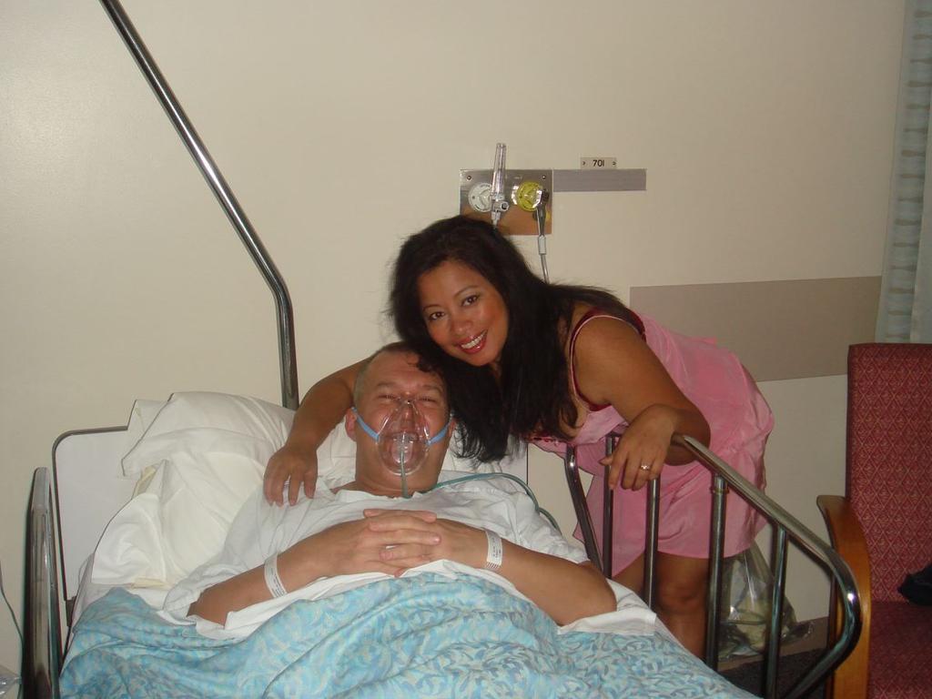 Barnes recovering from heart surgery with wife Jane by his bedside in 2007. Picture: Supplied.