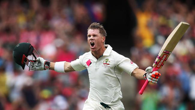 Australia's David Warner celebrates his century in a session before lunch on Day 1 of 3rd Test match Australia v Pakistan at the SCG. Picture. Phil Hillyard.