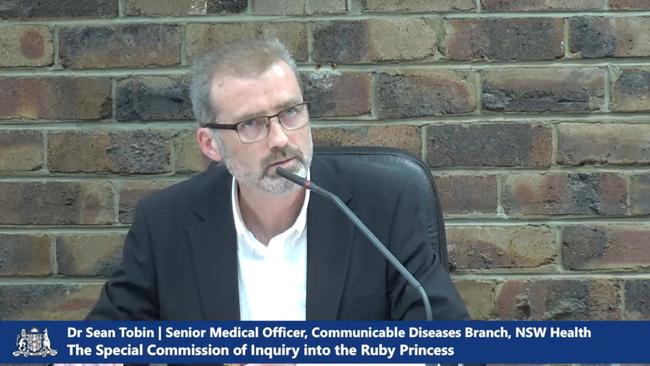 The Special Commission of Inquiry into the Ruby Princess: Senior Medical Officer Dr Sean Tobin addresses the Ruby Princess Inquiry. Picture: Supplied