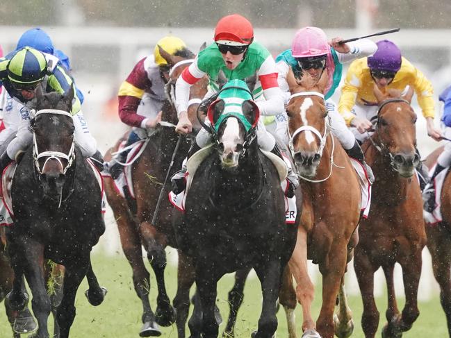 Jockey Damian Lane rides Mer De Glace to victory in race 9, the Stella Artois Caulfield Cup , during the Stella Artois Caulfield Cup Day at Caulfield Racecourse in Melbourne, Saturday, October 19, 2019. (AAP Image/Michael Dodge) NO ARCHIVING, EDITORIAL USE ONLY