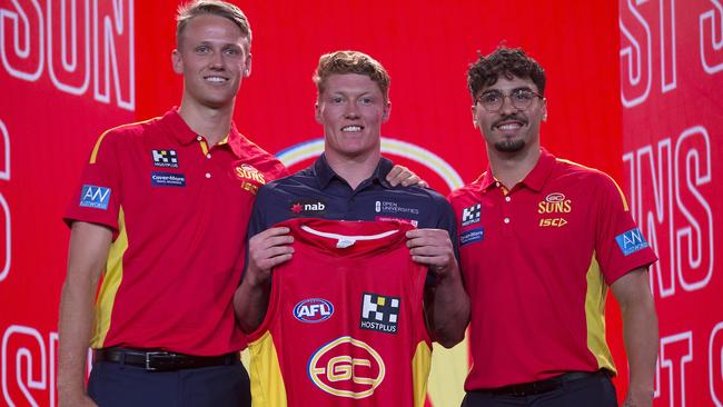 Matt Rowell with Jack Lukosius and Izak Rankine after being crowned this year’s No.1 draft pick. Picture: Michael Klein