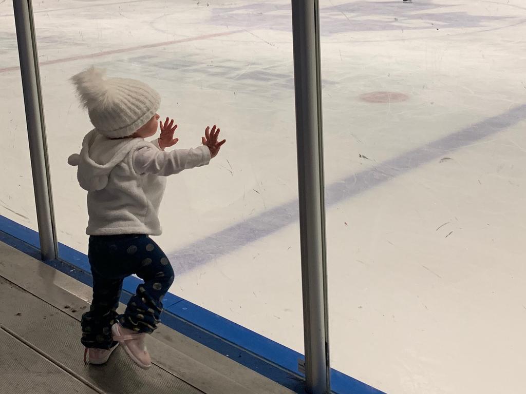 Toddler Chloe Wiegand would often push on glass while attending her brother’s hockey games. Picture: Michael Winkleman