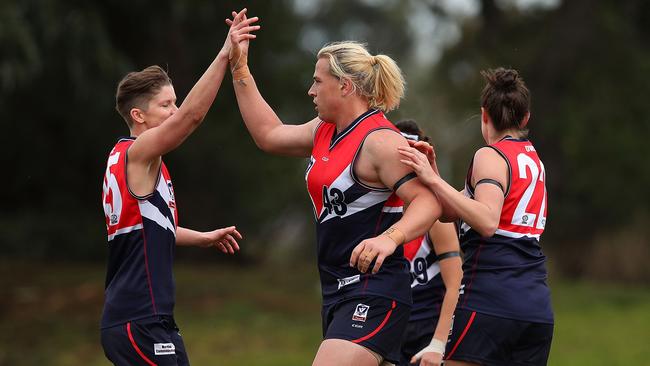 Hannah Mouncey celebrates a goal in the VFLW.