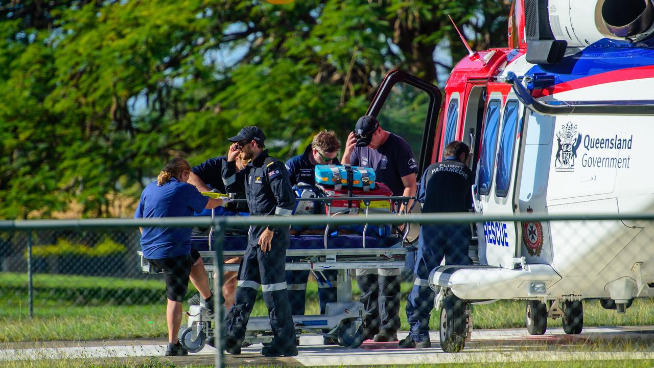 Victims of the Gumlu bus tragedy being flown to and from Ayr Health Service (Ayr Hospital) on Sunday afternoon. Picture: Scott Radford-Chisholm