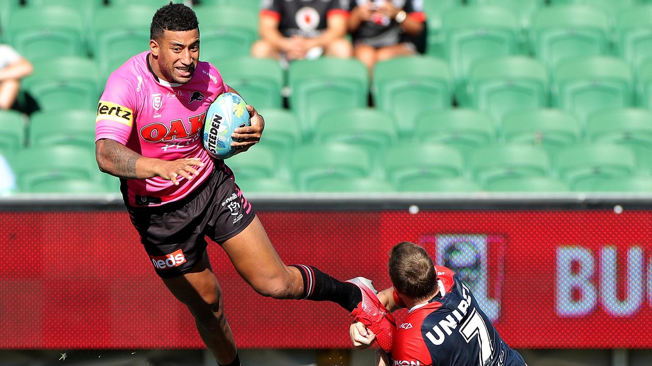 Viliame Kikau of the Panthers scores a try during the NRL Nines