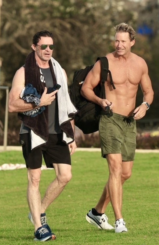 Hugh Jackman and his best friend Michael Ryan hit the beach in Bondi. Picture: BACKGRID