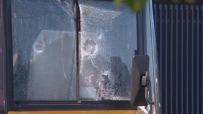 The windows of the bus were smashed up. Picture: 9News