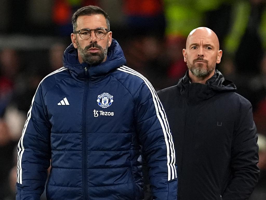 Manchester United coach Ruud van Nistelrooy (left) and manager Erik ten Hag look on during the UEFA Europa League match at Old Trafford, Manchester. Picture date: Wednesday September 25, 2024. (Photo by Martin Rickett/PA Images via Getty Images)