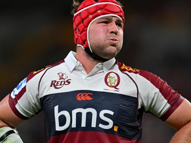 BRISBANE, AUSTRALIA - FEBRUARY 21: Harry Wilson of the Reds looks on during the round two Super Rugby Pacific match between Queensland Reds and Moana Pasifika at Suncorp Stadium, on February 21, 2025, in Brisbane, Australia. (Photo by Albert Perez/Getty Images)