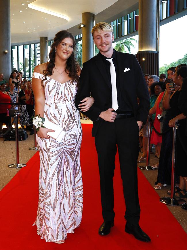 Lyla Russell and Bailey Moldos arrive at the Trinity Bay High School formal evening, held at the Cairns Convention Centre. Picture: Brendan Radke