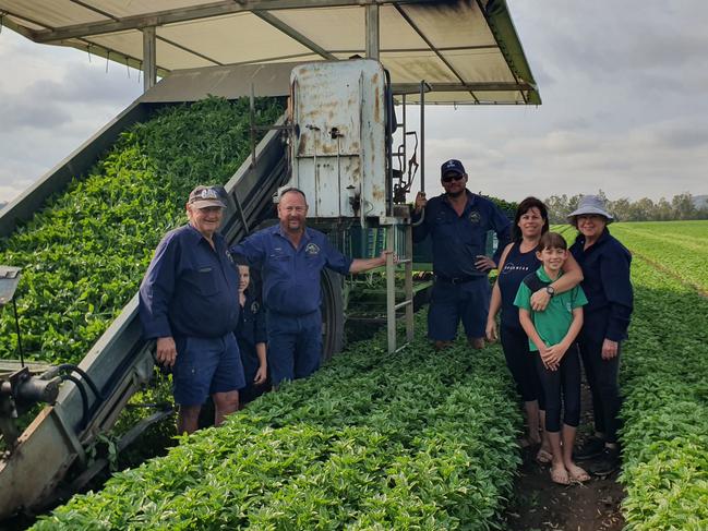 Trevor and Joy Goos, with son Jamie and daughter-in-law Edith Goos and their children Desiree and Archer, and farm manager Matthew Thomasson, on their herb farm at Biloela, QLD.